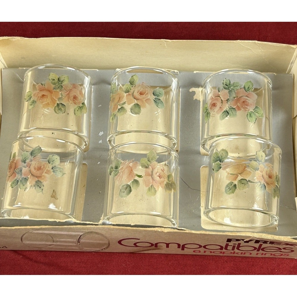 Vtg (6) Pyrex Compatibles Clear Glass 54 Napkin Rings Rose Pattern Original